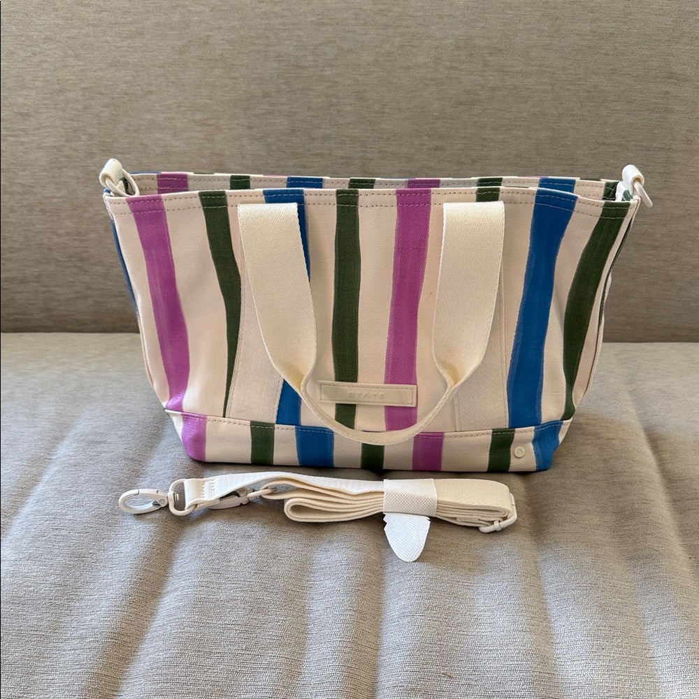 1. State Canvas Small Shoulder Bag in Cream with Blue, Green & Purple Stripes